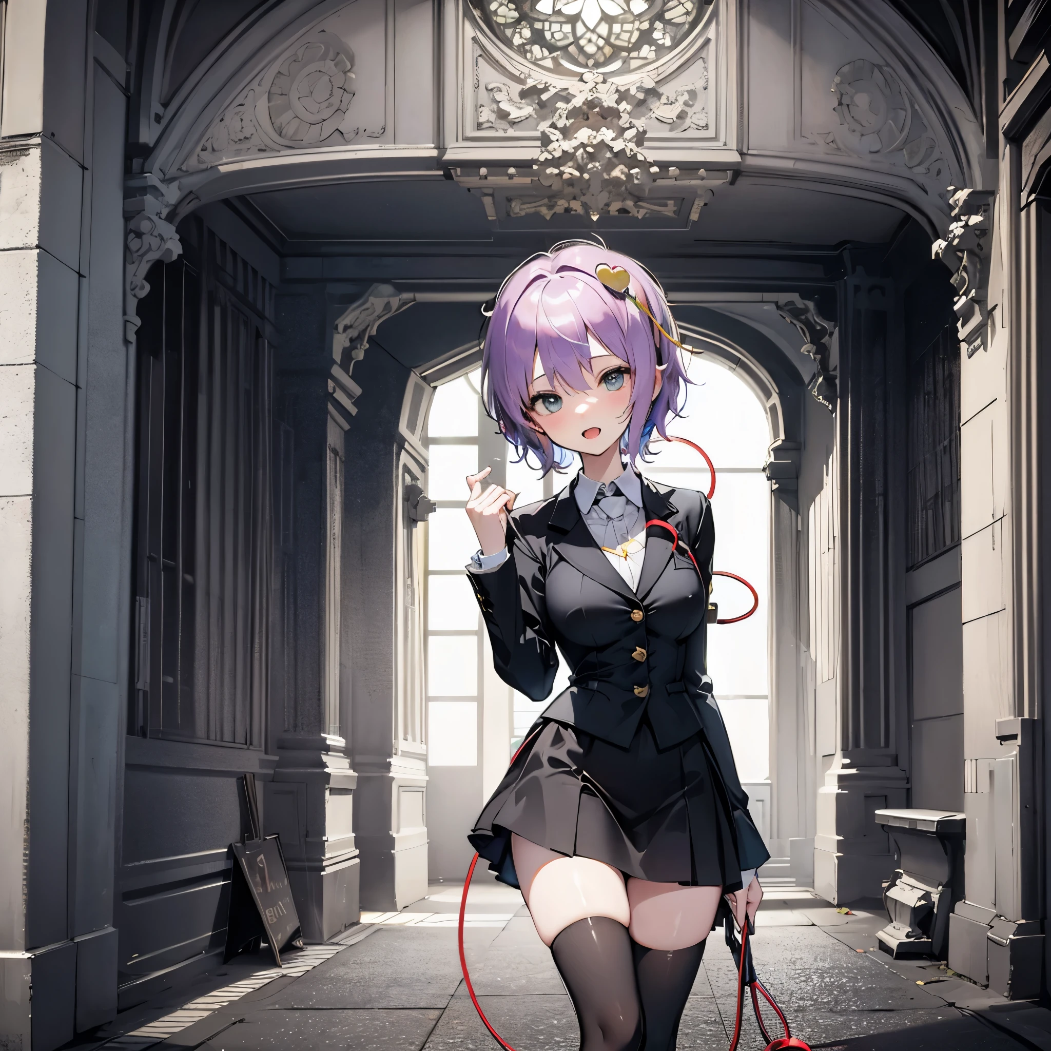 (Satori toho character:1.1), (solo), (standing), (stained glass), BREAK, short hair, large perky breasts, (inconceivably short torso), (inconceivably thin waist:1.2), (very long legs), BREAK, (tight black blazer:1.3), (black thighhighs:1.35), (very short black high-waist skirt:1.35) cinches waist too tight, (highheels), BREAK, nose blush, sad smile, open mouth, BREAK, masterpiece, ultra-detailed, ultra high resolution, full body