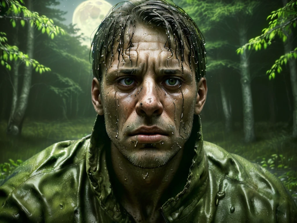 ((beautiful scared man hiding close-up, high definition in face and body: 1.3 )), (in the background of the scene, background, several large carnivorous dinosaurs high definition: 1.2 ), ((Best quality)), ((masterpiece)), (very detailed:1.3), (Cinematic lighting), 3D, beautiful, (at night, darkness, moon, moonlight illuminating everything, trees and bushes, wet ground, puddles of water:1.1 )