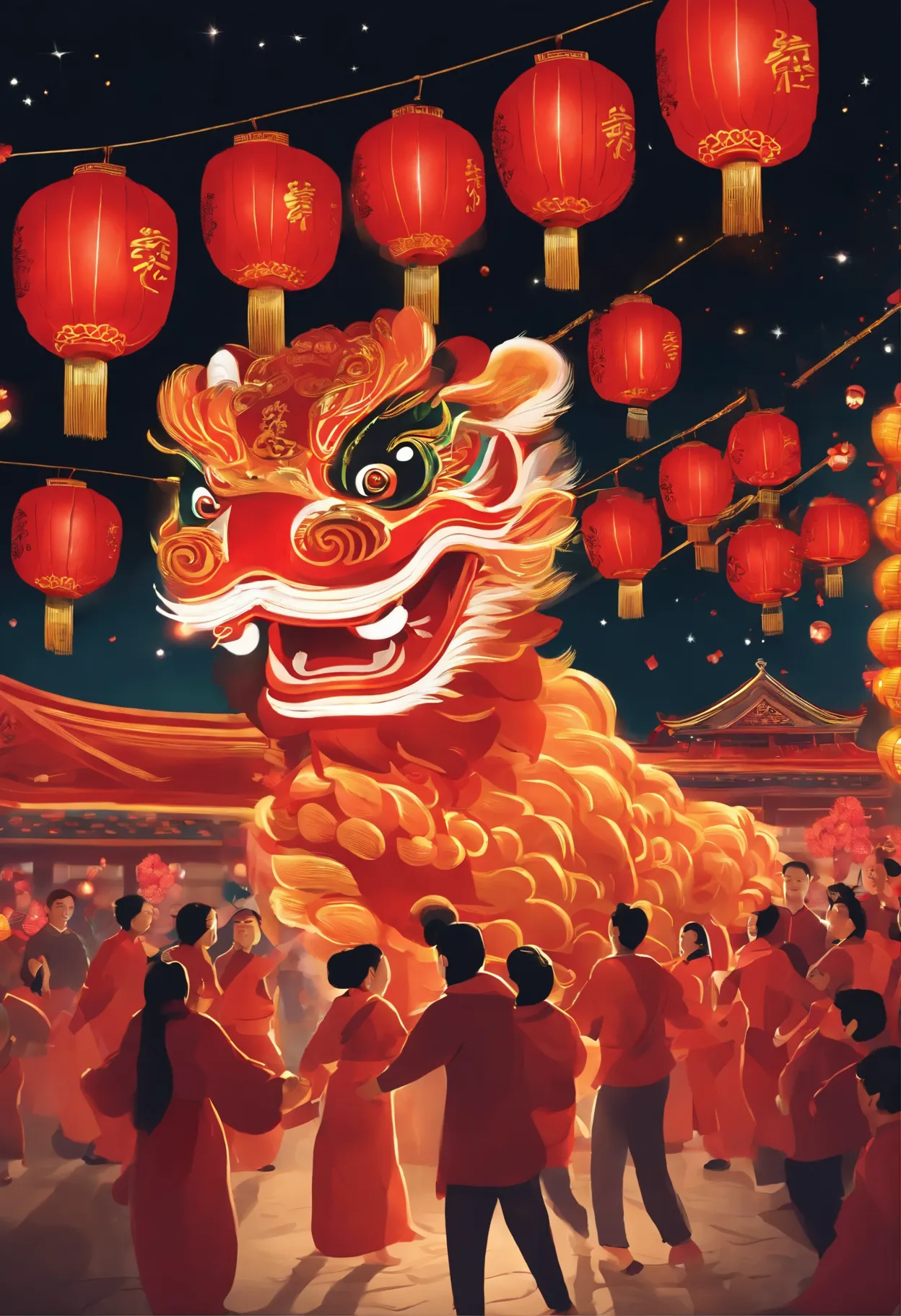 “Create an AI drawing depicting joyful scenes of lion dancers, lanterns illuminating the night sky, and families gathering for a festive Chinese New Year celebration. Capture the vibrancy and excitement of ushering in the Year of the [current zodiac animal...