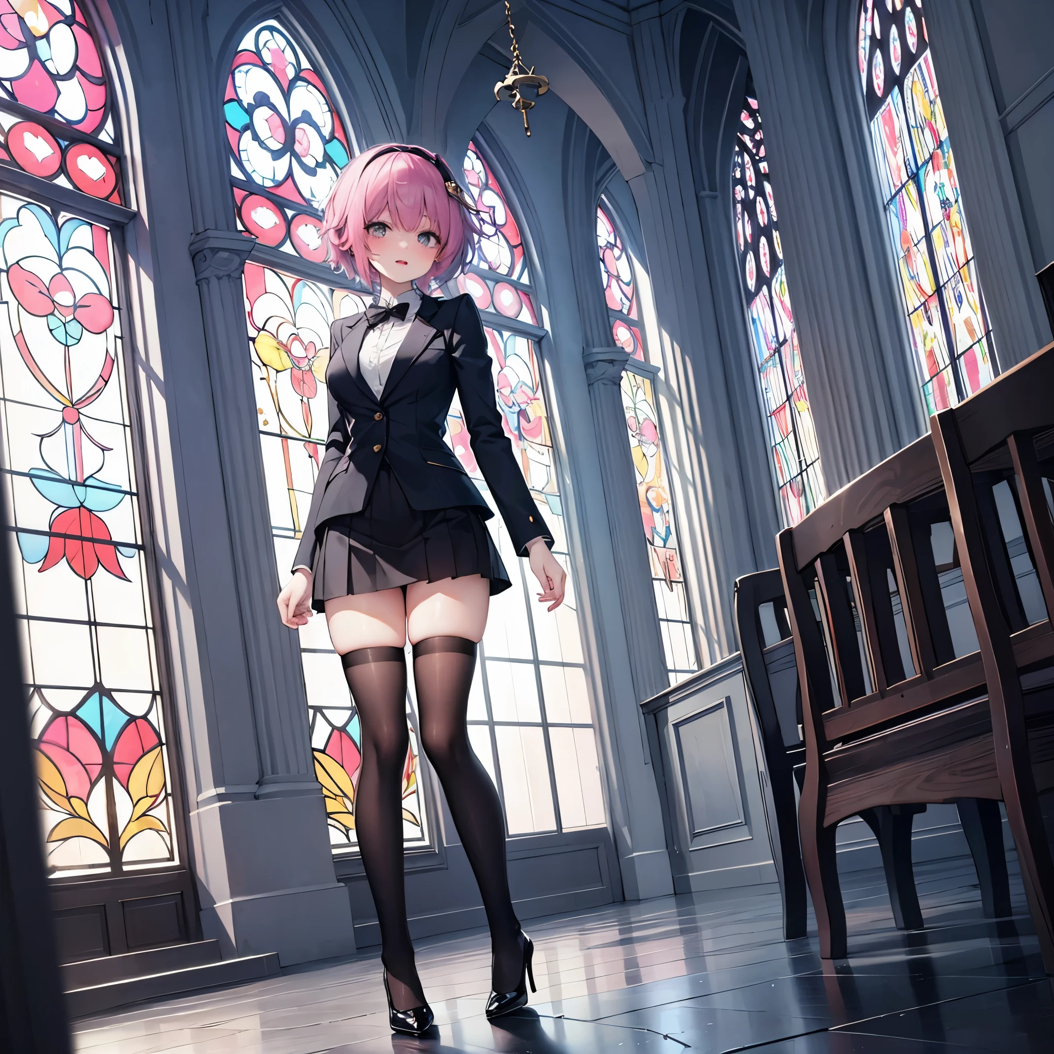 (Satori toho character:1.1), (solo), (standing in church), (stained glass), BREAK, short hair, large perky breasts, (inconceivably short torso), (inconceivably thin waist:1.2), (very long legs), BREAK, (tight black blazer:1.3), (black thighhighs:1.35), (very short black high-waist skirt:1.35) cinches waist too tight, (highheels), BREAK, nose blush, sad smile, open mouth, BREAK, masterpiece, ultra-detailed, ultra high resolution, full body
