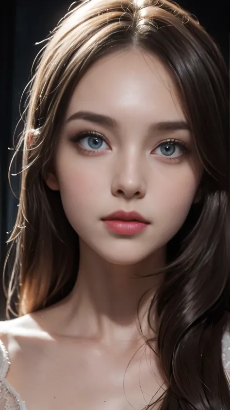 A A girl with delicate eyes and lips, bright and expressive. She has porcelain skin and long eyelashes, Give her a charming look...