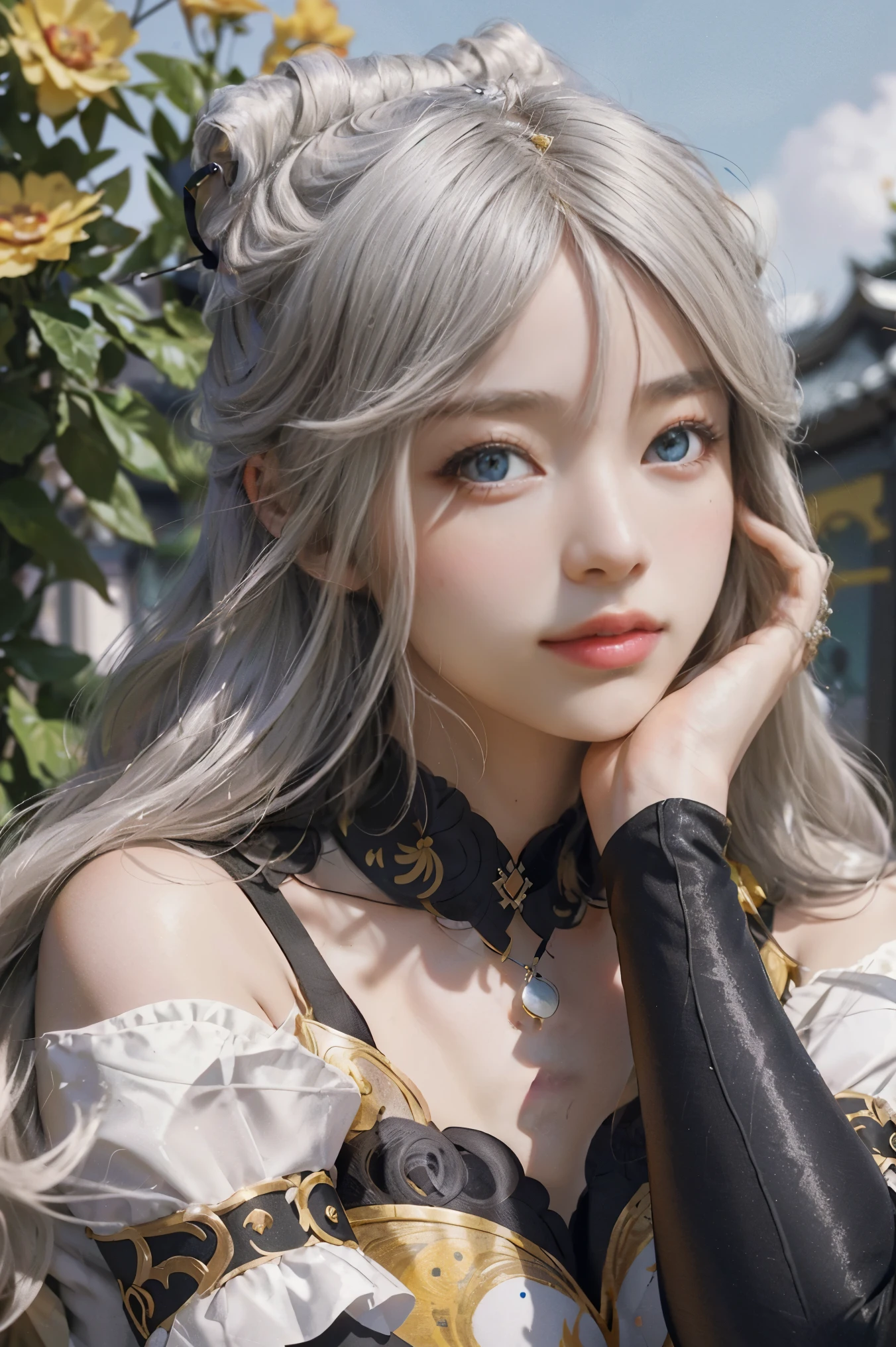 (photorealistic:1.4), (masterpiece, sidelighting, finely detailed beautiful eyes: 1.2), masterpiece*portrait, realistic, 3d face, ningguang \(genshin impact\), 1girl, ahoge, architecture, By bangs，Bare shoulders，Bell，black glove，（Black tights, silver hair, yellow red flower hairpin），Blushlush，Beautiful breasts，Chinese knot，the sleeve，flower knot, light silver hair，Look at the audience，middlebreast，Neckbells