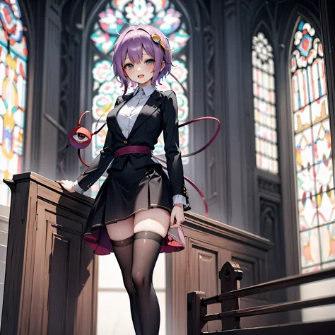 (Satori toho character:1.1), (solo), (standing in church), (stained glass), BREAK, short hair, large perky breasts, (inconceivab...