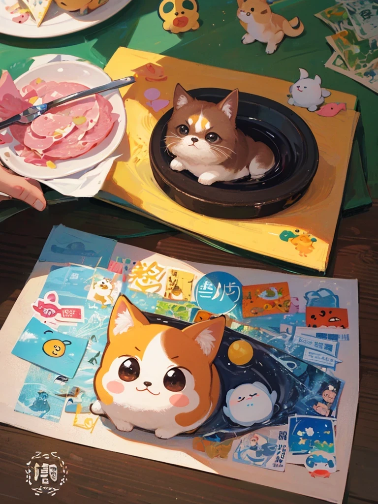 there are many different animals and words written in chinese, hand painted cartoon art style, art cover, kawaii cutest sticker ever, sticker illustration, by Shiba Kōkan, by Kōno Michisei, cute features, 中 元 节, by Gusukuma Seihō, stickers illustrations, cute characters