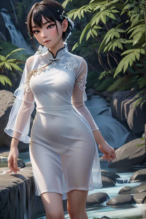 Thin sheer silk cheongsam dress, Standing by a mountain stream， (elegant, Beautiful face), ((ultradetaled skin texture)), intric...