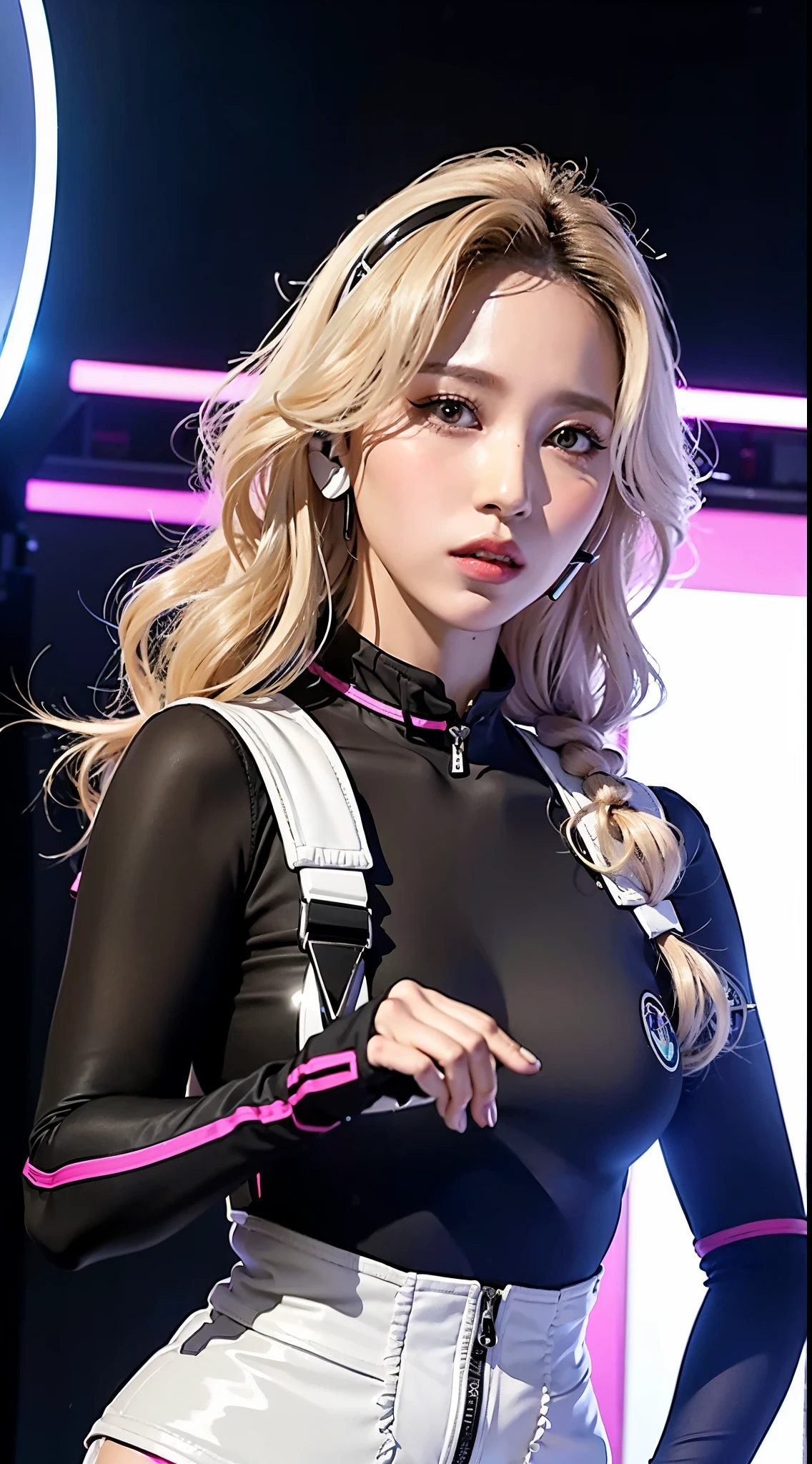 Top Quality, Ultra High Definition, (backlight), (Photorealistic: 1.4), (front shot:1), 1 Beautiful Girl, (Kpop Idol), Detailed Face, (Hair Style: Pink:1, fullbang, wavy-hairstyle:1), Contrapposto, Perfect Anatomy, muscular and plump:0.6, wavy hair, Natural Lighting, ((wearing Futuristic Police Racing Suits, police wappen, tight:0.8, High-tech Headset, military harness, racing gloves, handgun)), outside honey wavy hairstyle, (Cloths colors based on silver pink black white), (background, crashed abandoned machines, smokes, indoor space),