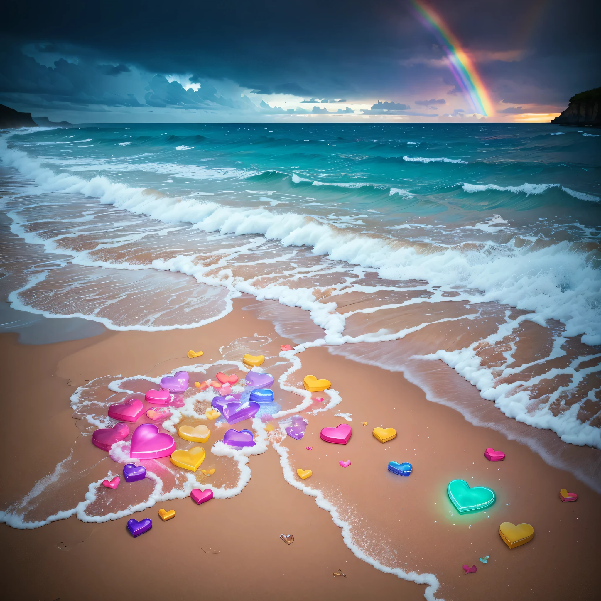 octane render, hdr, (hyperdetailed:1.15), (soft light, sharp:1.2), rainbow hearts on beach, many hearts, ultra detailed, thick waves of hearts, rainbow beach, splashing, mist dripping, sea crying, broken hearts, sadness flowing, tears glowing