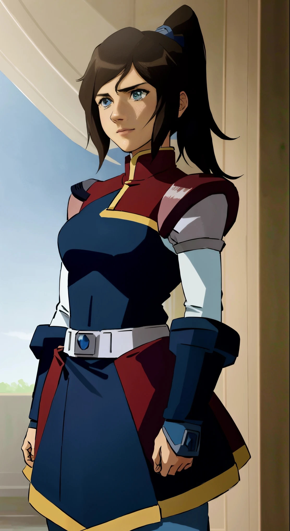 Masterpiece (best quality:1.2), Korra wearing a full suit of (Blue, White, and Black: 1.1) Megaman armor, Proto-Man armor, Blue and Black belt, brown skin, deep brown ponytail, blue armored dress with white details, detailed eyes, detailed lips, extremely detailed face, long eyelashes, confident expression, standing tall, in a vibrant garden, surrounded by colorful flowers and lush greenery, sunlight streaming through the leaves, casting soft shadows on her armor, capturing the essence of her powerful and determined personality, with a hint of wind blowing through her hair, creating a sense of movement and dynamism in the scene, high resolution and vivid colors that bring out the richness of the armor's design, a combination of realistic and anime-inspired art style, with a touch of sci-fi elements, creating a visually stunning and visually engaging composition.