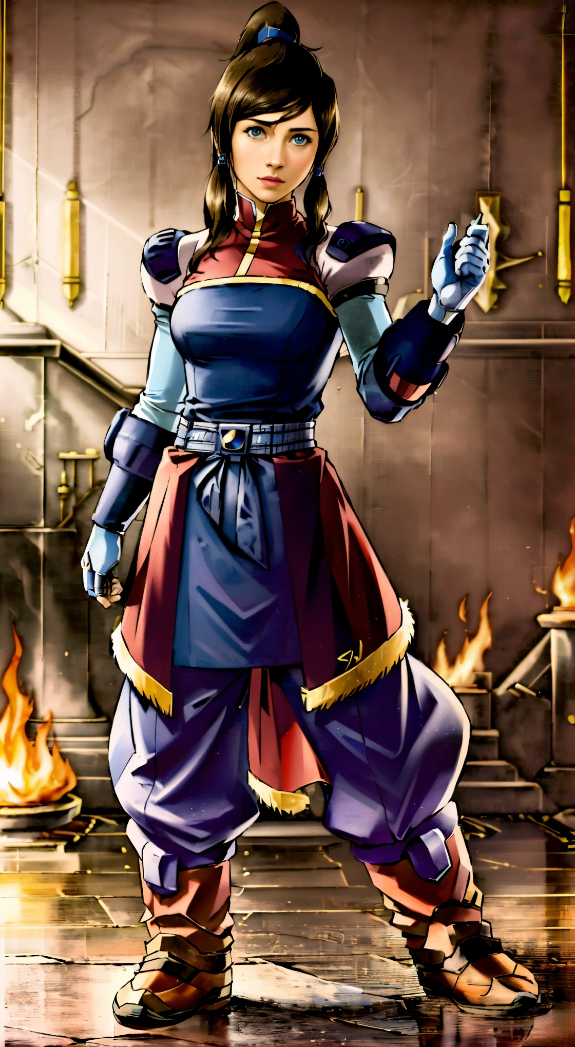 (best quality,4k,8k,highres,masterpiece:1.2),ultra-detailed,(realistic,photorealistic,photo-realistic:1.37),Korra wearing a full suit of (Blue,White,and Black) Megaman armor,deep brown ponytail,blue & white armored dress,Blue and Black belt,brown skin,Korra outfit theme