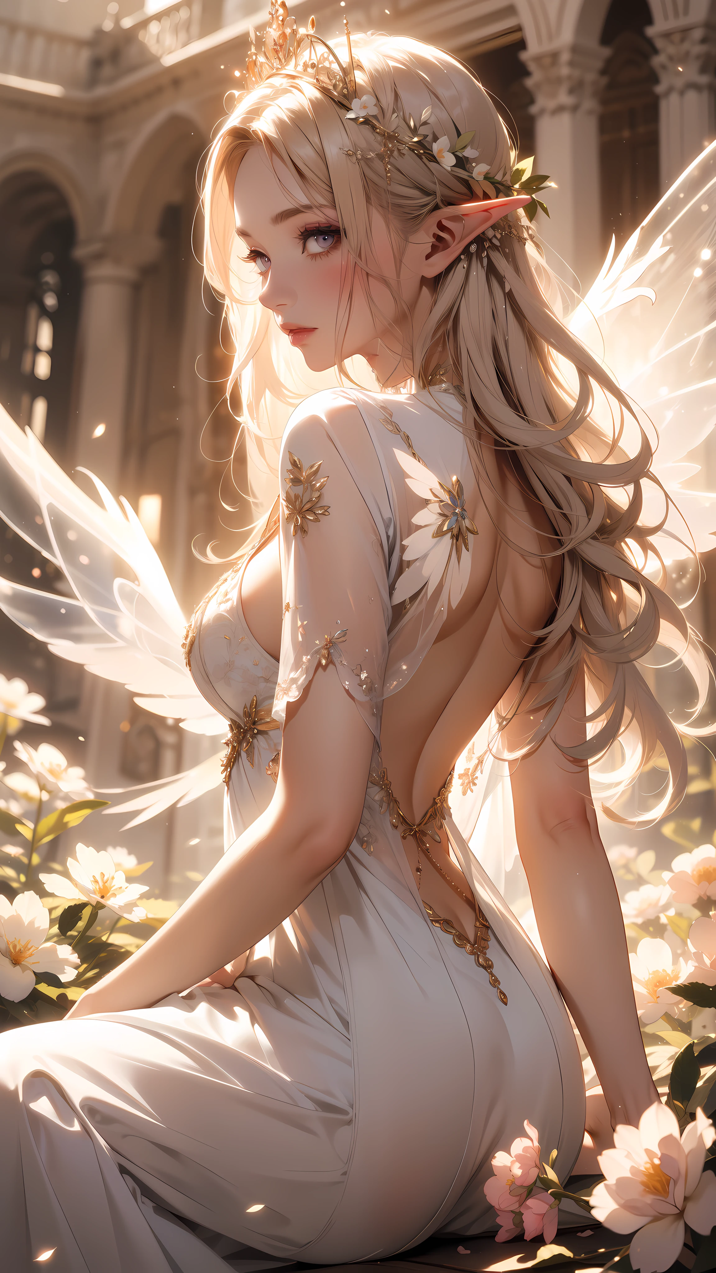 ((masterpiece)), (top quality), (best quality), ((ultra-detailed, 8k quality)), Cinematic lighting, soft semi-backlit light, (detailed line art), absurdres, (best composition), (high-resolution), Aesthetics, 
BREAK,
Flower elf Fairy、((Surrounded by flowers))、((Beautiful elf girl with white long dress:1.2, transparent wings on her back))、When taking off, Glowing scales fly、(((Sitting on a flower)))、Highly detailed background，Realistic，ultra-detailliert，super detailed skin，light glow，Film grain，Expro II，Lens Flare，Sharpen，cinematic shadow, fantasy, perfect face, details eye, messy white hair, violet eyes, shining eyes, (beautiful detailed eyelashes, eyeshadow, pink eyeshadow),  
BREAK, 
((perfect anatomy)), perfect body, (medium breast), perfect hands, beautiful face, beautiful eyes, (perfect fingers, deatailed fingers), correct anatomy, perfect legs, 