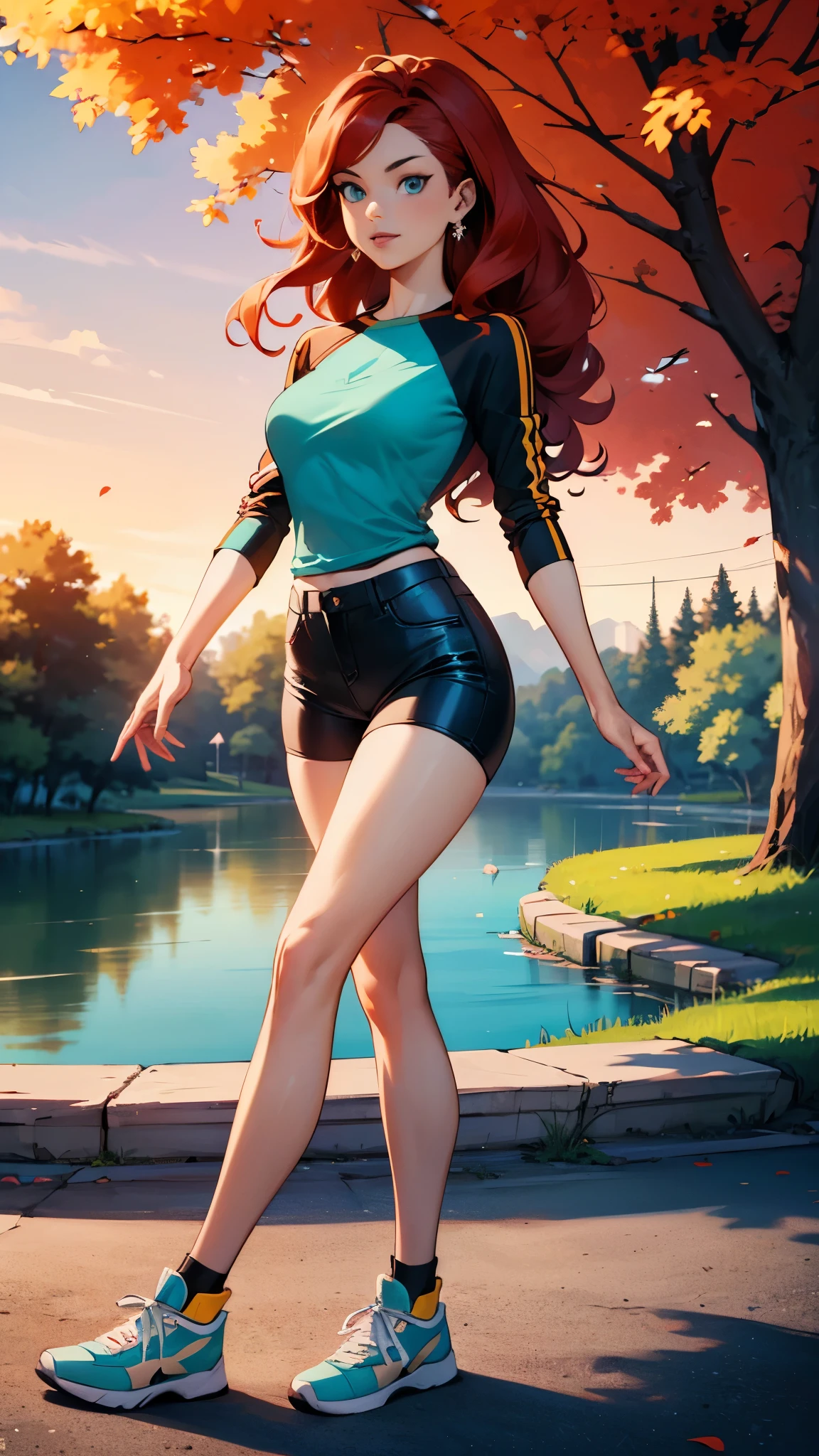 masterpiece, extremery magnificent view, perspective, extremery best quality, extremery detailed CG, 8k wallpaper, high resolution, highly detailed face, highly detailed eyes, perfect anatomy, super detailed skin, (dynamic angle, dynamic pose:1.2), outdoors, park, tree and pond, (portrait, legs focus, full body), (beautiful face, beautiful eyes, beautiful legs:1.3), 1 girl, solo, sonia, medium breasts, aqua eyes, slender, high quality eyes, beautiful eyes, bike shorts, 3/4 body view, green raglan shirt with phoenix logo, denim shorts, x-men logo, sneaker shoes, mid 30's, adult woman, curly red hair, subtle smile