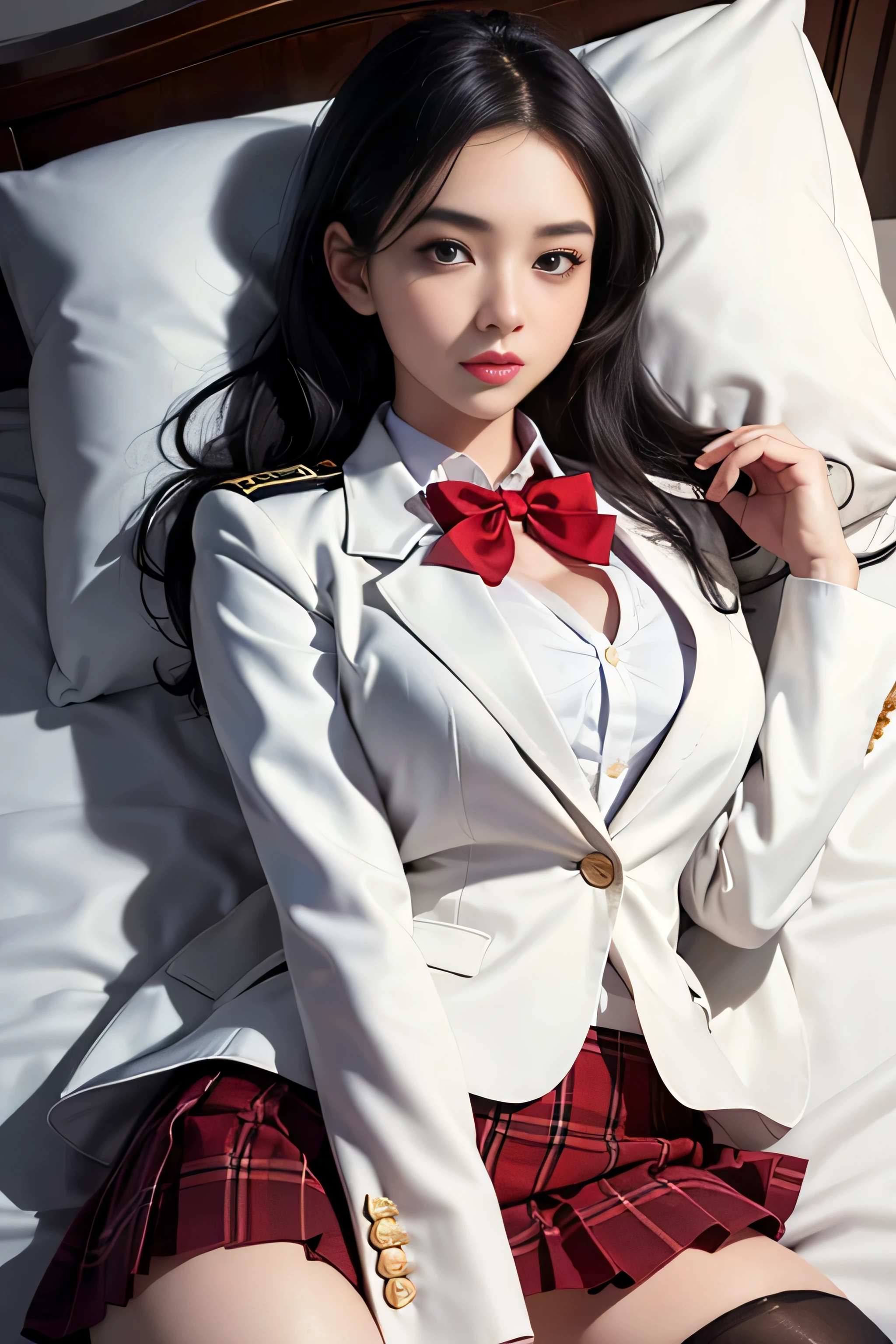 ( Girl lying on bed)，charming eyes，Heartwarming action，Turn your face away from the camera，bent down，bend over，turn back，Look up at your head，thick and long black hair，highly detailed body，highly detailed face，highest quality、(P iNK underwear),(high school girl),((white blazer、chest emblem))、((Translucent blouse)),((red bow tie)),((navy check flare skirt)),(black stockings)、