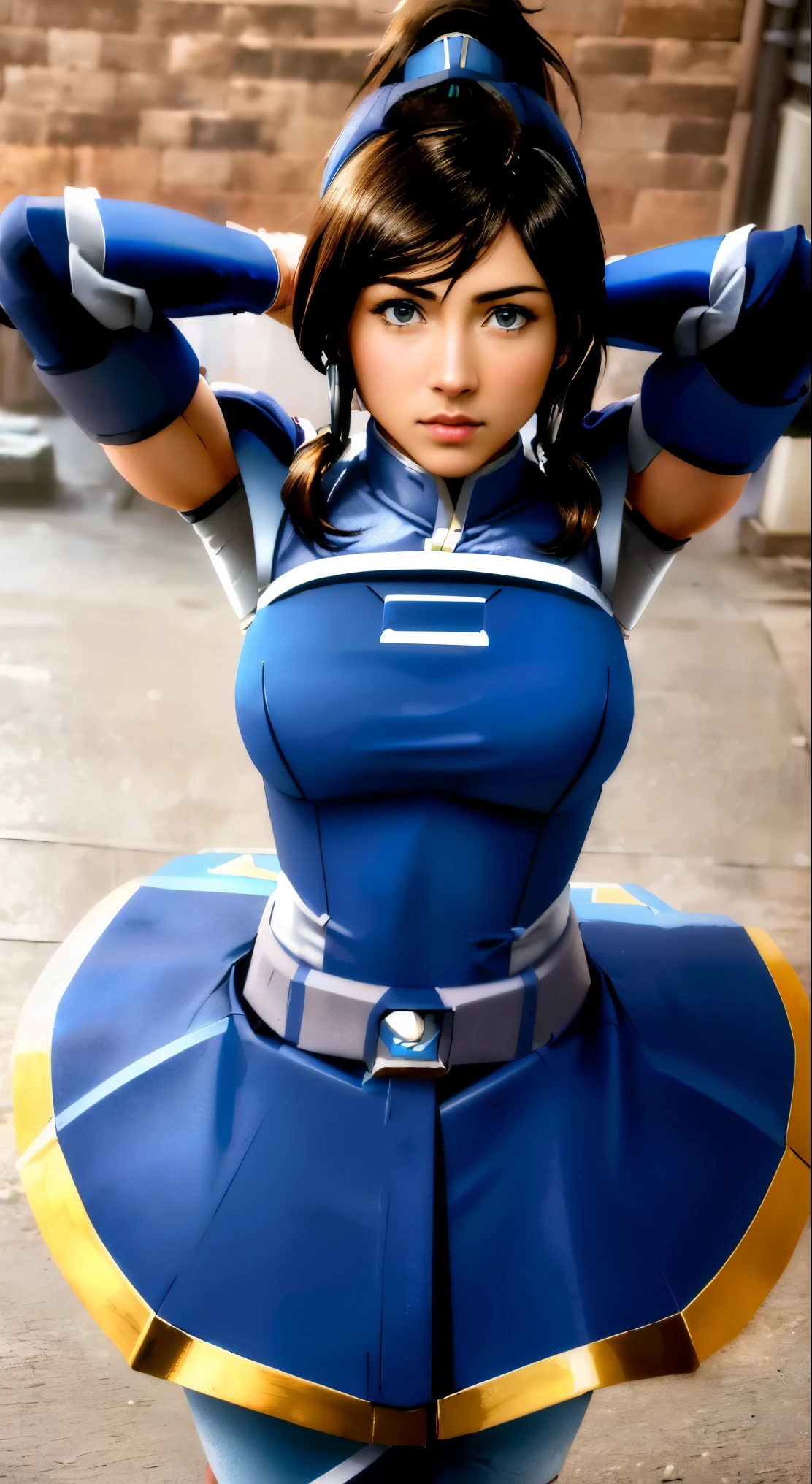 (best quality,4k,8k,highres,masterpiece:1.2),ultra-detailed,(realistic,photorealistic,photo-realistic:1.37),Korra wearing a full suit of (Blue,White,and Black) Megaman armor,deep brown ponytail,blue & white armored dress,Blue and Black belt,brown skin,Korra outfit theme