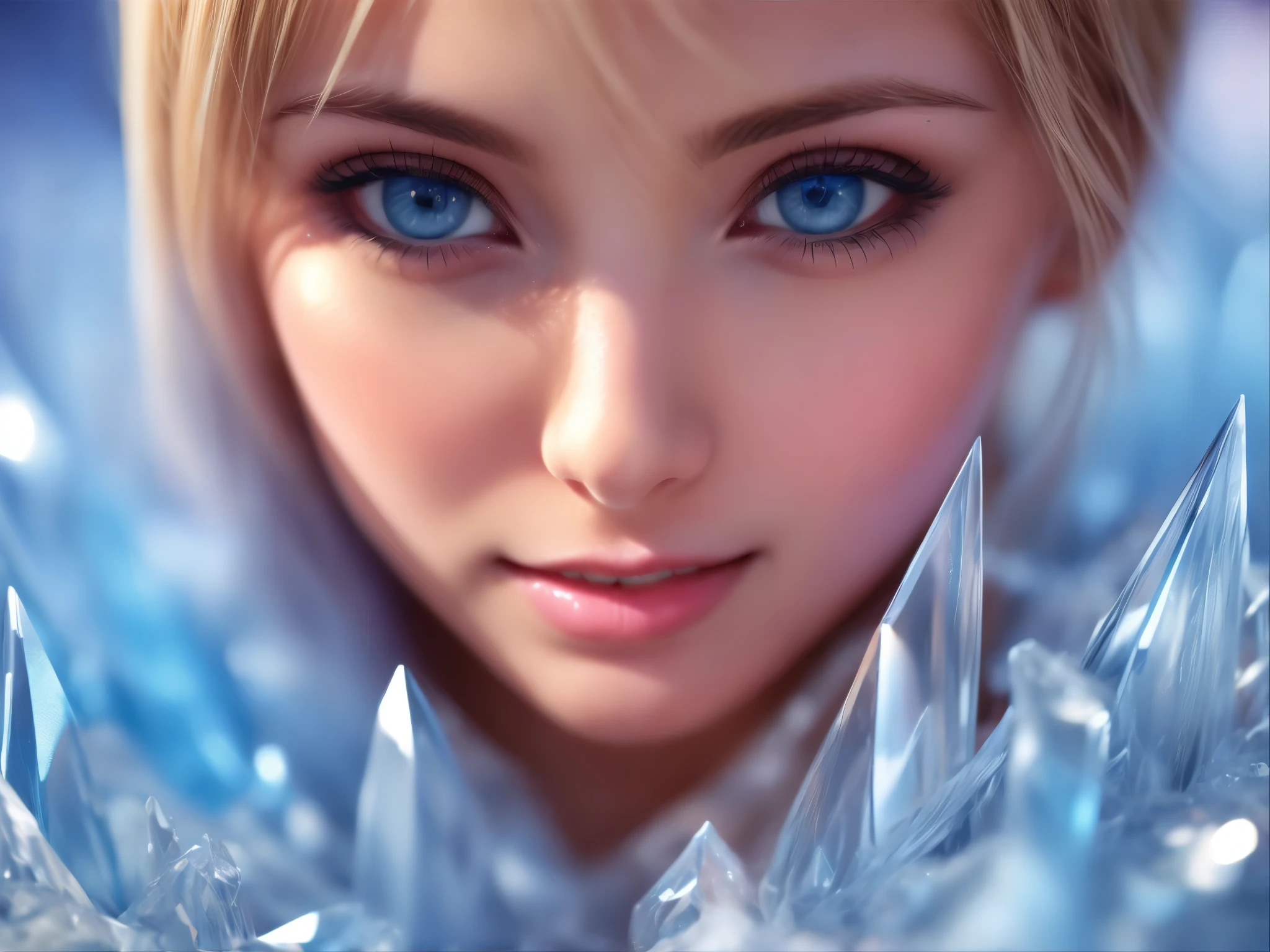 beautiful detailed eyes,white translucent dress,breathtaking ice sculptures,sparkling snowflakes,elegant frozen landscape,vivid colors,soft natural light,ultra-detailed,sharp focus,ice crystals,ethereal atmosphere,icy breath in the air,enchanted winter wonderland,serene expression,hint of a smile,crystal-clear blue eyes,magical aura,subtle shades of blue,pure and delicate,whimsical dance in the snow,fragile beauty,icy reflections,masterpiece:1.2.