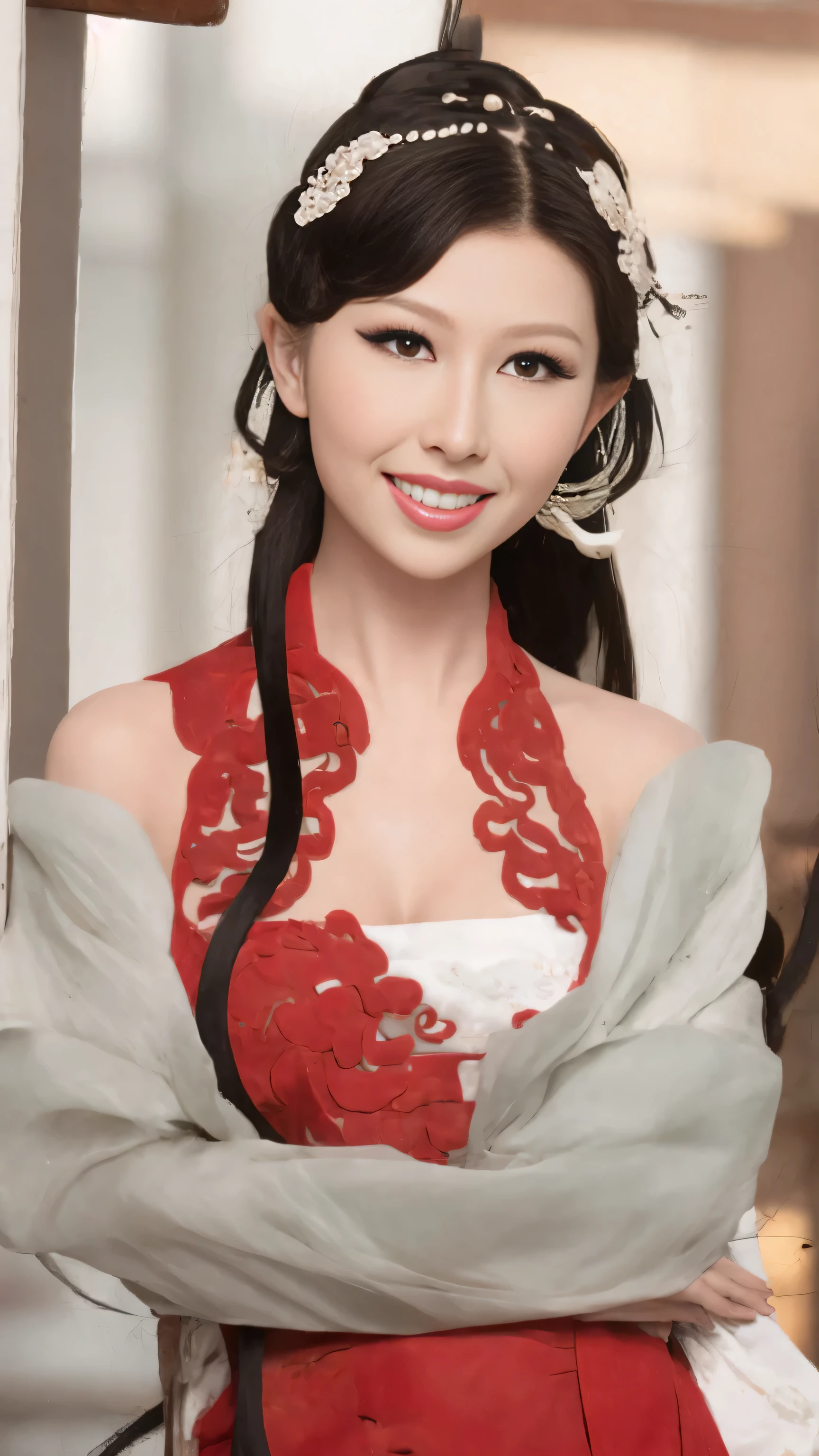 1 modelo feminina de 18 anos [[[[fechar-se]]]], [[[[]]]], [[[[pescoço]]]], [[[[ombro]]]], olhos perfeitos, Íris perfeita，lábios perfeitos，dentes perfeitos，pele perfeita，Pele branca，Farol suave，revisão de imagens de alta densidade，garota，((Grande traje chinês antigo vermelho))，((Penteado chinês，Cabelo comprido com xale))，((Sorriso))，O fundo é uma antiga decoração de interiores chinesa，Do lado de fora da janela estão árvores verdes e montanhas，qualidade， Obra de arte， Ultra alta resolução，（realista： 1.4）， foto original，（超级realista细节））， best qualidade，（Cores pastel：1.2）