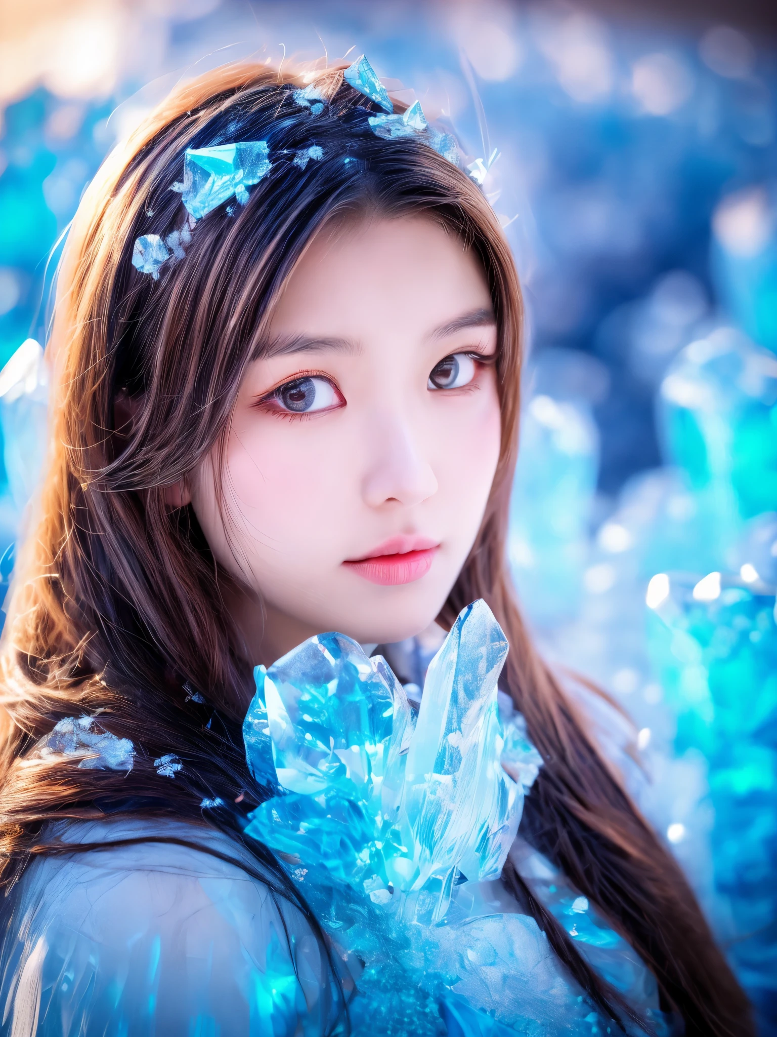 (best quality,4k,8k,highres,masterpiece:1.2),ultra-detailed,(realistic,photorealistic,photo-realistic:1.37),portraits,ice sculpture,girl,winter,delicate facial features,crystal-clear icicles,shimmering snowflakes,subtle shades of blue,ethereal light,sparkling surface reflection,frosty atmosphere,snow-covered landscape,subzero temperature,icy cold air,intense focus on the girl's eyes and lips,frozen beauty,frozen tears,frozen flowers,icy dress,serene expression,gentle snowfall,pure white backdrop,snowflakes gently falling on her eyelashes,ice castle in the background,delicate and intricate ice carvings,glowing moonlight,turquoise glacial hues,winter wonderland