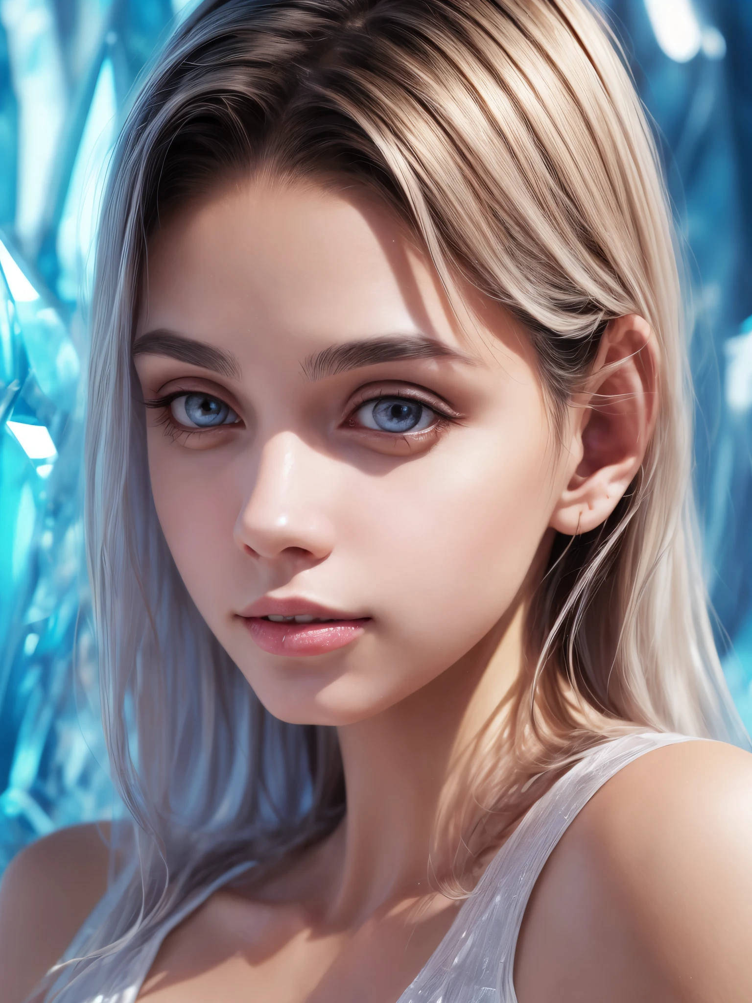 (best quality,ultra-detailed),(realistic:1.37)
,portrait,ice sculpture,beautiful detailed eyes,beautiful detailed lips,shimmering dress,icy atmosphere,sparkling crystals,reflection,icy textures,light blue background,subtle shadows,vivid colors,studio lighting.