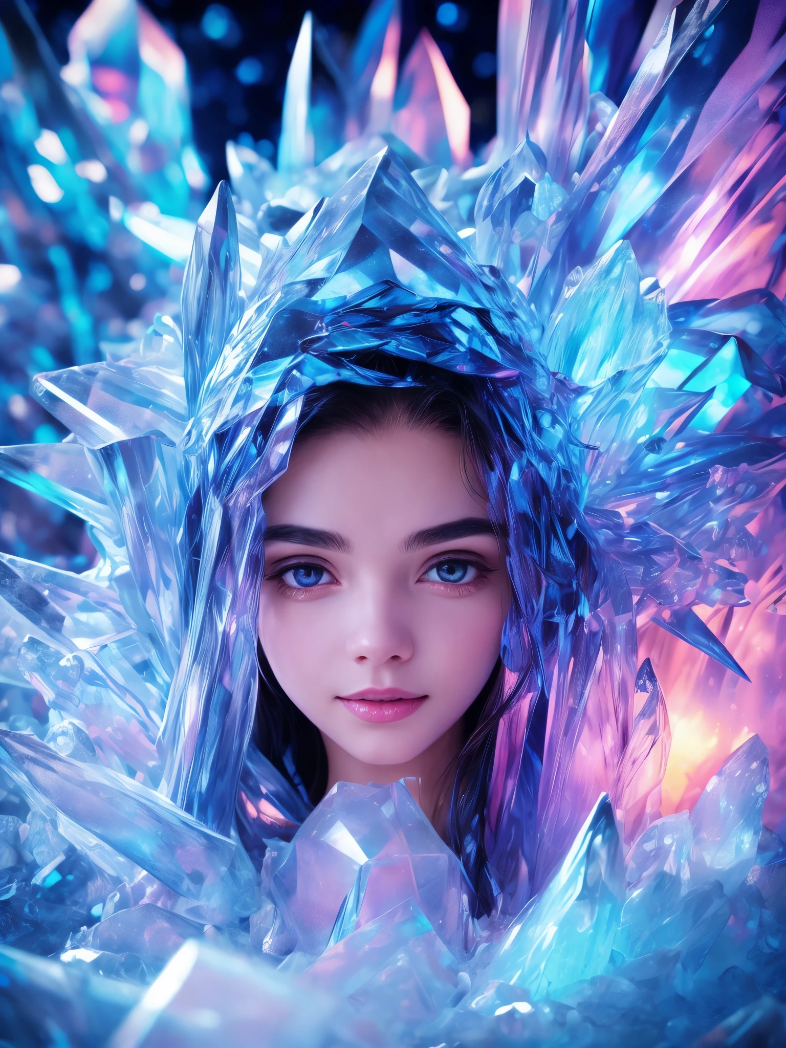 (a girl in an ice sculpture,full body,colorful lighting),portrait,photorealistic,professional,highest quality,4k,ultra-detailed,vivid colors,bokeh,beautiful detailed eyes,longeyelashes,beautiful detailed lips,ice textured skin,luminous glow,sparkling ice crystals,winter wonderland,blue,purple,pink lighting,ethereal atmosphere,cold,magical,translucent ice,crystal clear,glacial environment,majestic pose,serene expression,subtle fog,hypnotic rays of light,frozen beauty,lively,happy,peaceful,icy cold,toes sinking into the snow,sparkling snowflakes falling in the background,shimmering aurora borealis,glittering winter landscape,enchanted dreamscape.