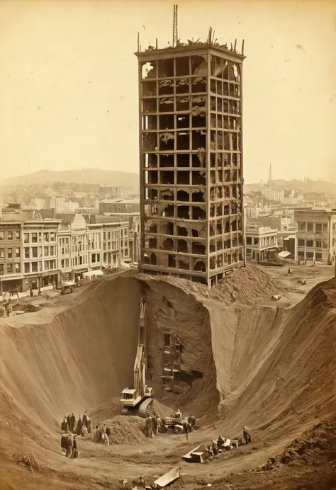 1890 vintage photo showing a (cross-section) of a large russian skyscraper in san Francisco with the bottom half is covered in dirt being dug out of the ground.  with tiny construction equipment and crews working to uncover as much as they can. the skyscra...