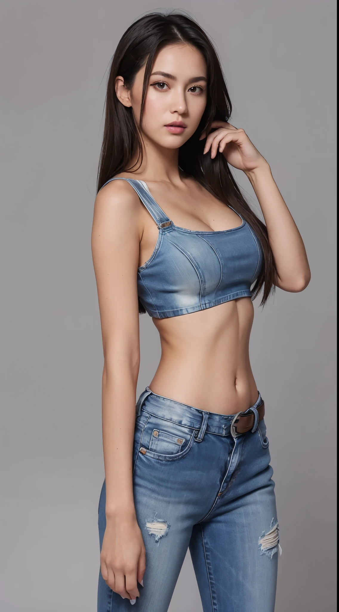 A woman in a denim top and jeans posing for a picture - SeaArt AI