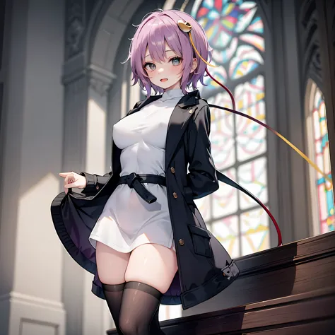 (Satori toho character:1.1), (solo), (standing in church), (stained glass), BREAK, short hair, large perky breasts, (inconceivab...