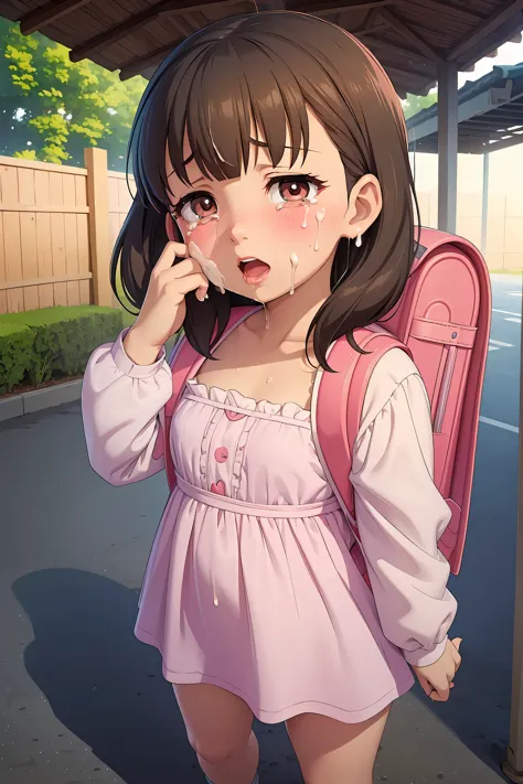 masterpiece, highest quality, confused, perfect anatomy, city, alley, 1 girl, alone, Mayu Sakuma, (((8-year-old, , Very cute and baby-like face, Very short height ))), (((flat chest))), cleavage cutout, (((down blouse))),  (((tears))), (((open your mouth))...