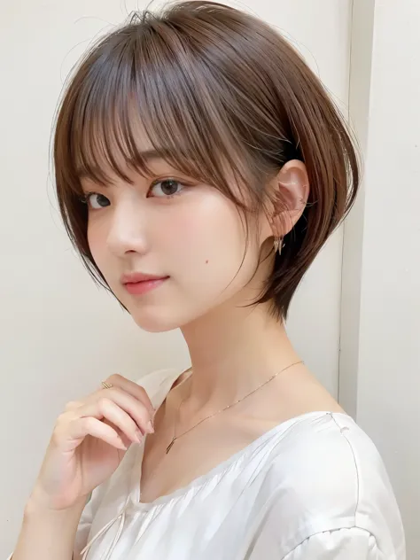 (highest quality、8K、32K、masterpiece、nffsw:1.2)、Photo of Japanese woman in her 50s、very short bobbed hair、Upper body、necklace、sho...