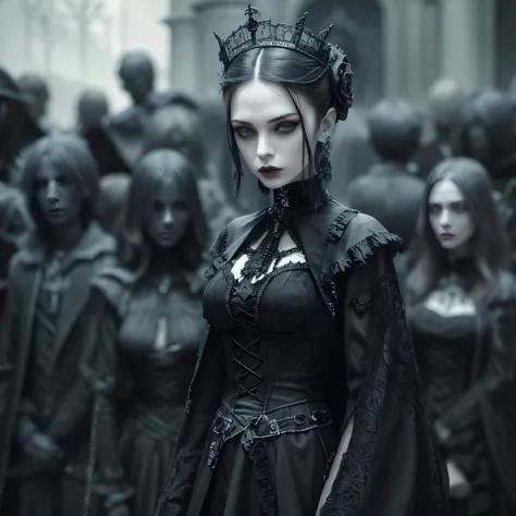 Arafed woman in a black dress stands in front of a group of people, Beautiful female vampire queen, in a gothic dress, dark fant...