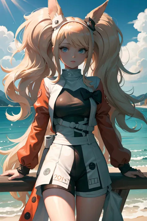 1 girl blonde con un pokemon estilo Eevee pero color blanco con 3 colas, zorrito blanco con ojos rojos, con un fondo de paisaje ...