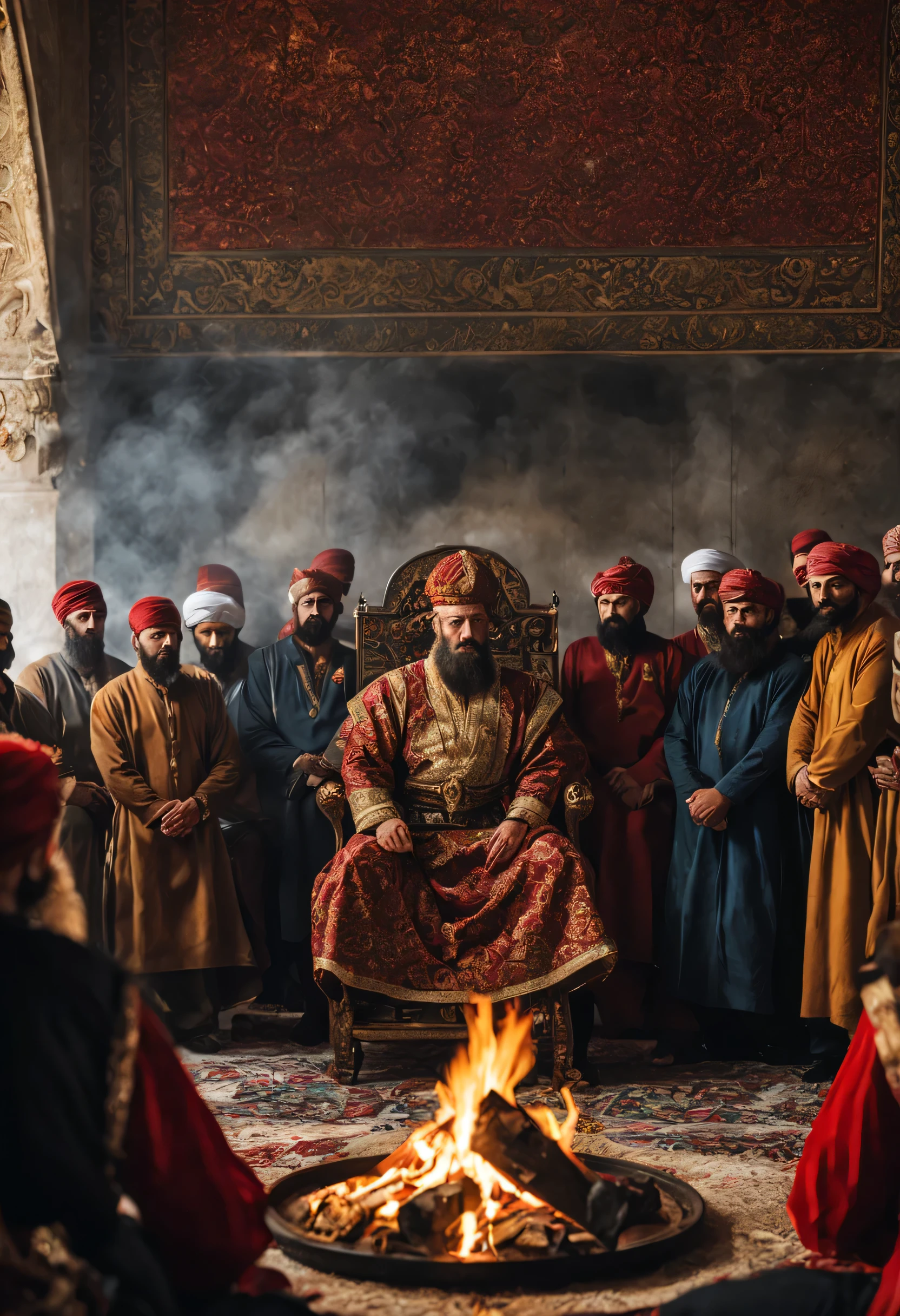 El sultán mehmet el conquistador reúne ante él a los miembros de la secta hurufi, alrededor del fuego los mira con ojos severos, Asegurémonos de que el Sultán Mehmet el Conquistador vista la ropa del sultán de su época y parezca un emperador y un héroe., temática oscura