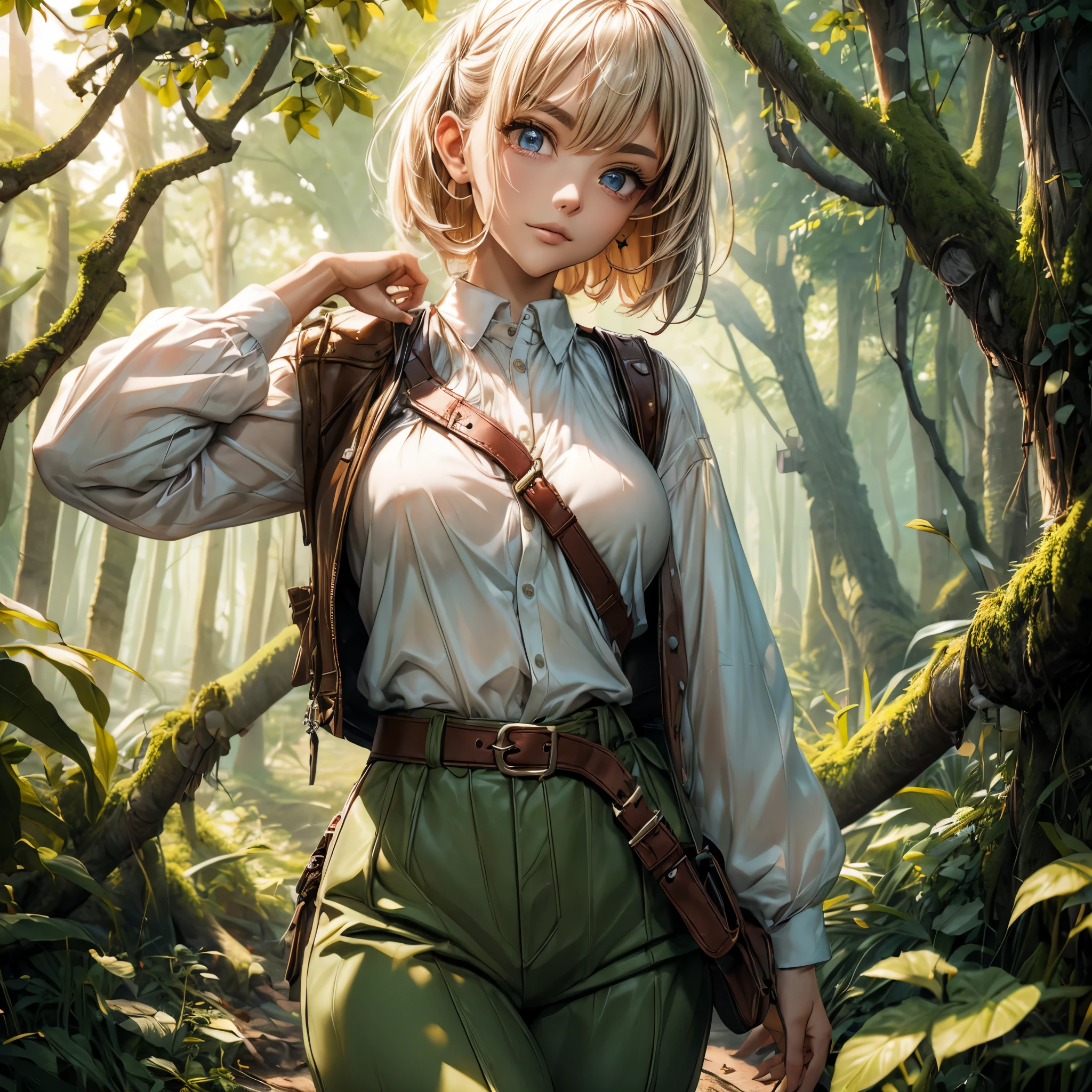 (best quality,4k,8k,highres,masterpiece:1.2),ultra-detailed, female ranger, short blond hair, spear, white shirt, green leather vest, green trousers, brown boots, A-cup, in the woods, AIKA, seethru, HDR, 8k, absurdres, cinestill 800, sharp focus, add_detail:2, (solo, woman)