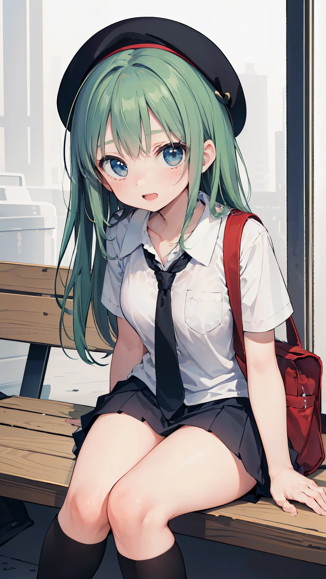 (masterpiece, highest quality), High resolution, detailed face:1.2, anime(1.2), sharpness, 4K, woman posing for a photo, Flustered face, upset, open your mouth, long hair, green hair, straight hair, fine skin, beautiful hands, Beautiful fingers, Wearing a beret, tie, Blouses with short sleeves, pleated skirt, school bag, thighs, Absolute area, knee socks, thighsに手を入れる, during the day, hot summer day, School, schoolyard, sitting on the bench, Canned juiceを持つ, natural lighting, sharp focus, hasselblad photography, cinematic lighting, whole body, Canned juice, 