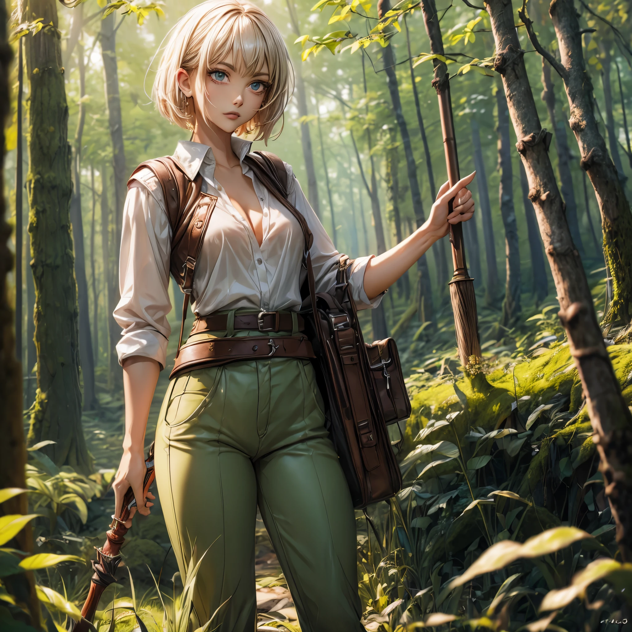 (best quality,4k,8k,highres,masterpiece:1.2),ultra-detailed, female ranger, short blond hair, spear, white shirt, green leather vest, green trousers, brown boots, A-cup, in the woods, AIKA, seethru, HDR, 8k, absurdres, cinestill 800, sharp focus, add_detail:2, (solo, woman)