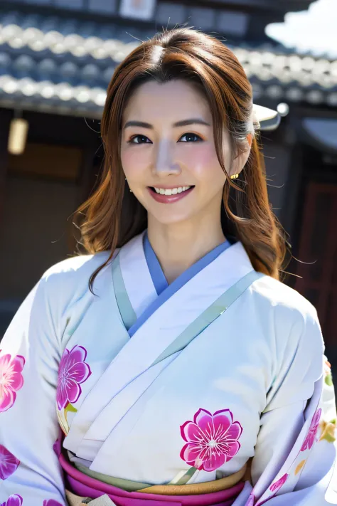 white kimono、pink Japanese pattern、(Furisode:1.5)、or、(top grade)、1 female、Full body Esbian、black haired、tie your hair back、(real...