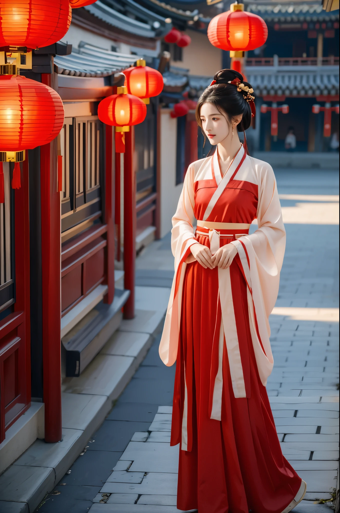 (masterpiece), (best quality), RAW photo, photography, lens fare, hanfu-song, hanfu, song theme, bandeau, tube top,, red hanfu, Chines traditional clothes, red lantern, lunar new year