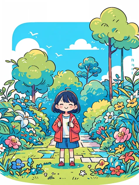 (Flattening，UI vector style), (1 girl，绿色garden中素描:1.5)，rosy cheeks，bright smile，wearing casual，cozy clothings，garden，On the gras...