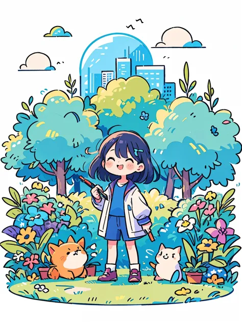 (Flattening，UI vector style), (1 girl，绿色garden中素描:1.5)，rosy cheeks，bright smile，wearing casual，cozy clothings，garden，On the gras...