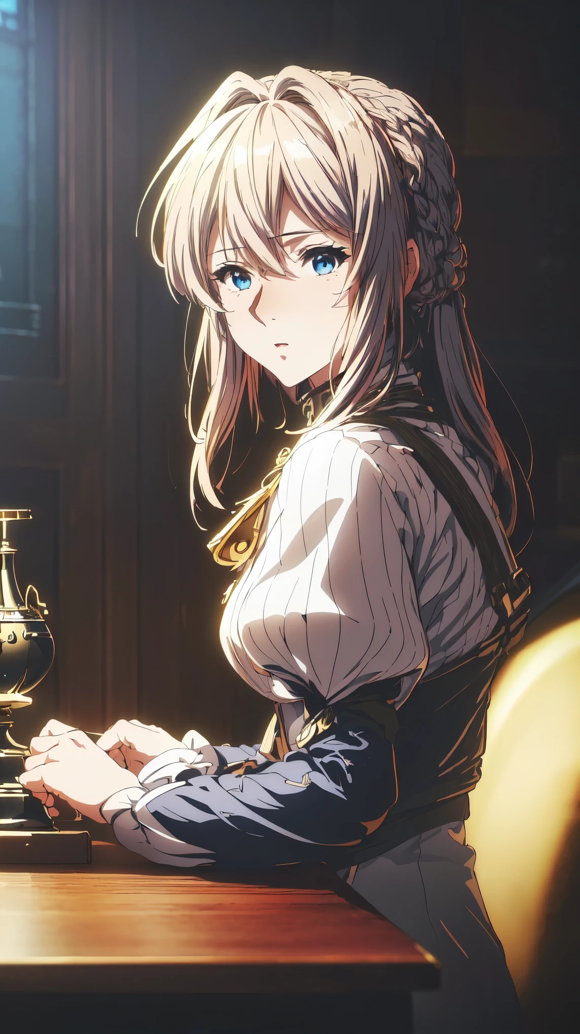 masterpiece,best quality, official art, extremely detailed CG unity 8k wallpaper, ((top quality, 8k, masterpiece: 1.3, ultra hd, high quality, best quality, high definition, ((realism)), sharp focus: 1.5,（Very detailed CG unity 8K wallpaper), 1 girl, violet evergarden from violet evergarden.