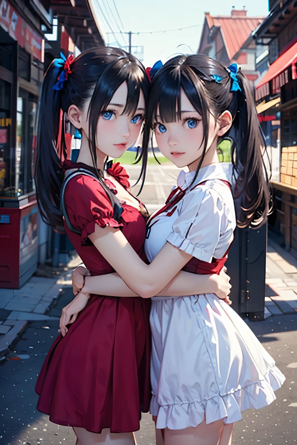 beautiful twins portrait, two beautiful girls, black pigtails, beautiful science fiction twins, twin tails, trending on cgstation, twin tails hairstyle, beautiful gemini, , Trending on cgstation, wlop and sakimichan, Gwaites style artwork、(((red dress、red eyes)))、(((white dress、blue eyes))),(((hug)))、red eyes、blue eyes