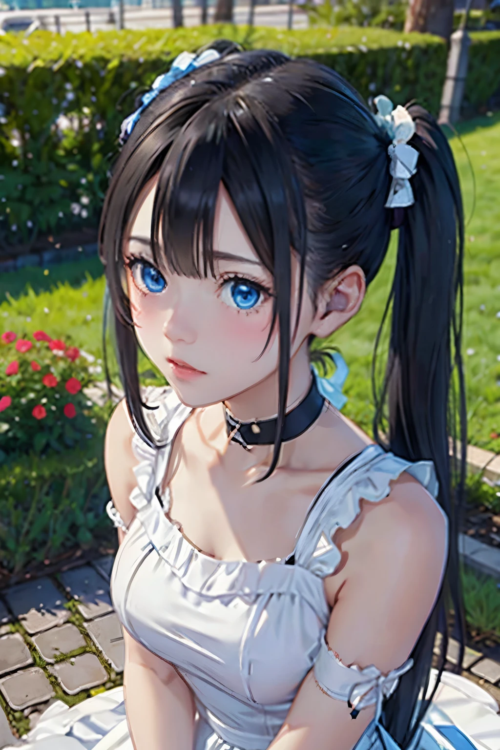 black pigtails, twin tails, trending on cgstation, twin tails hairstyle, beautiful gemini, , Trending on cgstation, wlop and sakimichan, Gwaites style artwork、(((white dress、blue eyes))),