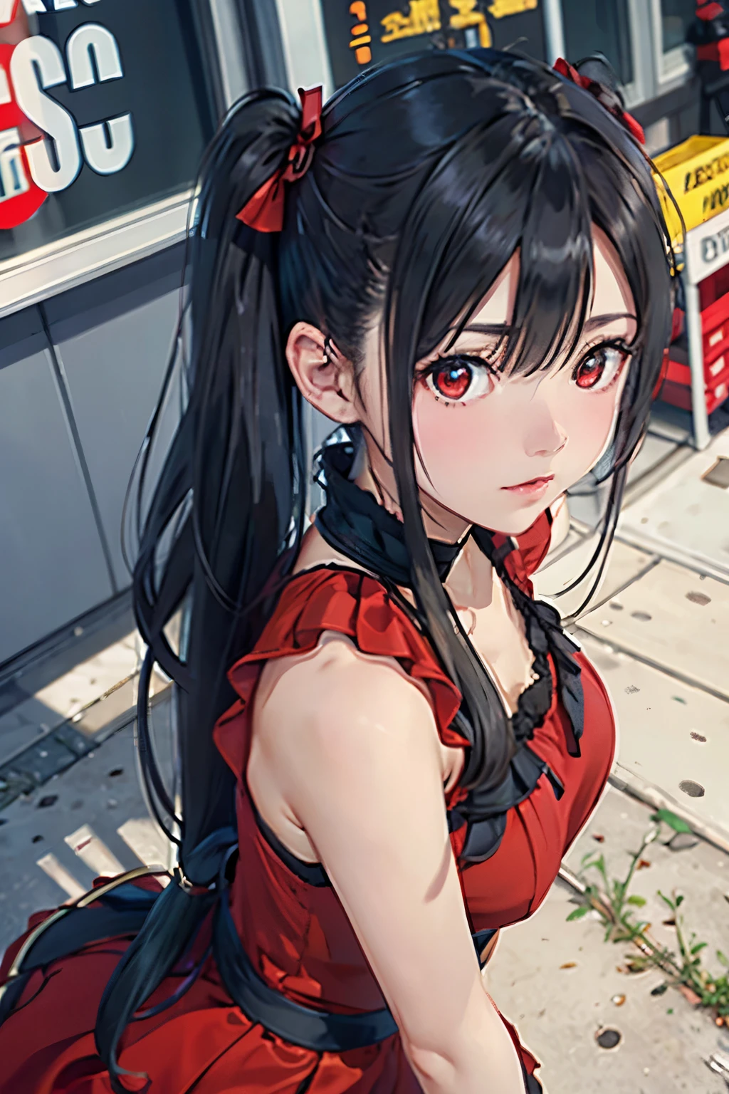 black pigtails, twin tails, trending on cgstation, twin tails hairstyle, beautiful gemini, , Trending on cgstation, wlop and sakimichan, Gwaites style artwork、(((red dress、red eyes)))