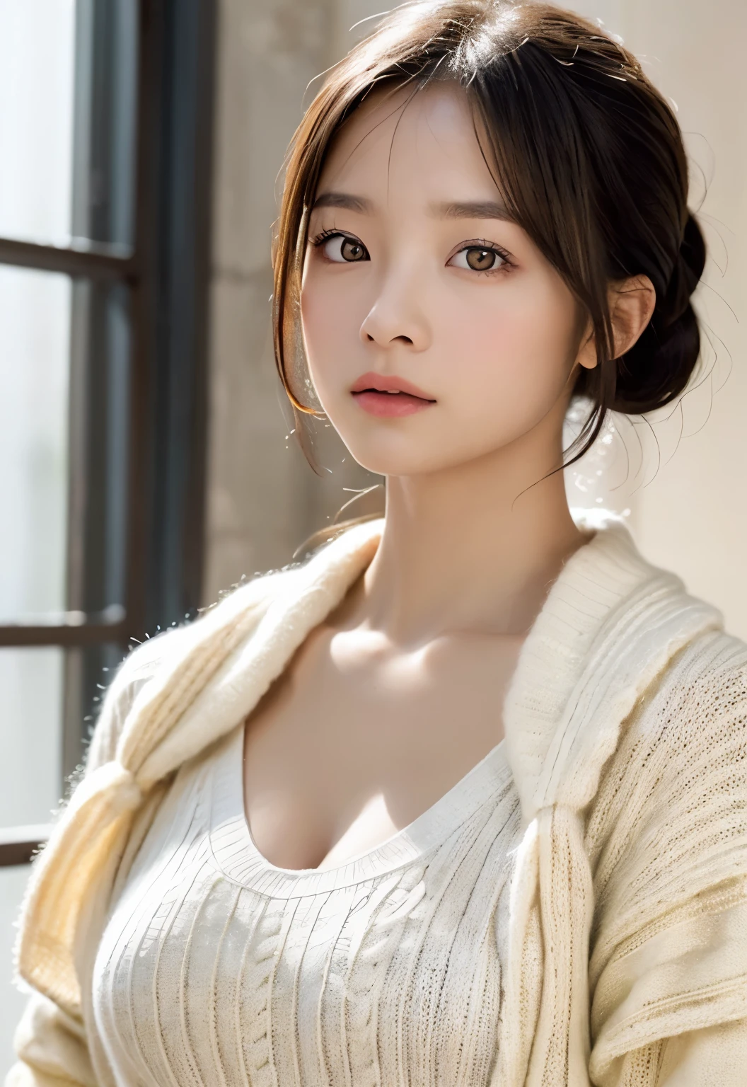 8K, of the highest quality, masutepiece:1.2), (Realistic, Photorealsitic:1.37), of the highest quality, masutepiece, Beautiful young woman, Pensive expression,、A charming、and an inviting look, Oversized knitwear、cleavage of the breast, Hair tied back, Cinematic background, Light skin tone