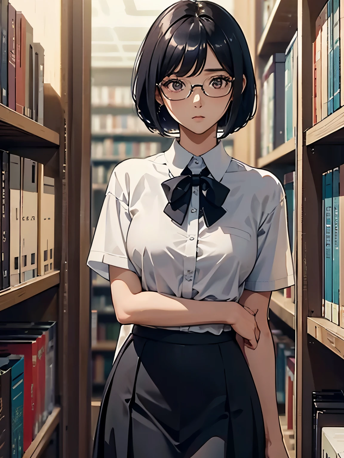 { masterpiece : best quality : detailed } { school theme } { background = Library } { Character = Seolhyun : fit body : short bob hair : wearing glasses : white collat shirt : black skirt : black tie } { standing : getting confessed : suprised : wide eyes : sweating }