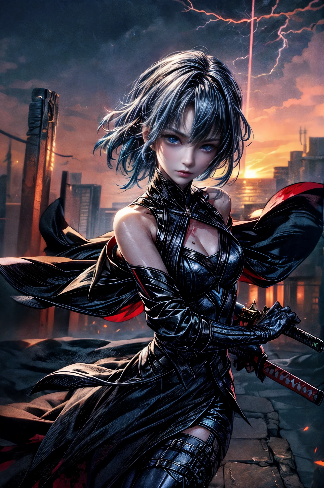 cinematic lighting、highest quality,Cyberpunk world、1 female、(20 year old beautiful woman、Detailed beautiful facial featureedium hair、shoulder length hair、blue eyes:1.4)break,medium hair、（bright blue hair、sparkling hair:1.5）（chest and cleavage:1.4）(laser samurai sword、Battojutsu 1.5)（Cybertech suit with a tattered and evil image、cyber leather tech jacket:1.4）(scratch、Returned blood adheres to the face and chest)(Sparks、lightning:1.3)android、(focus on face)（very beautiful sunrise scenery、building roof:1.2）