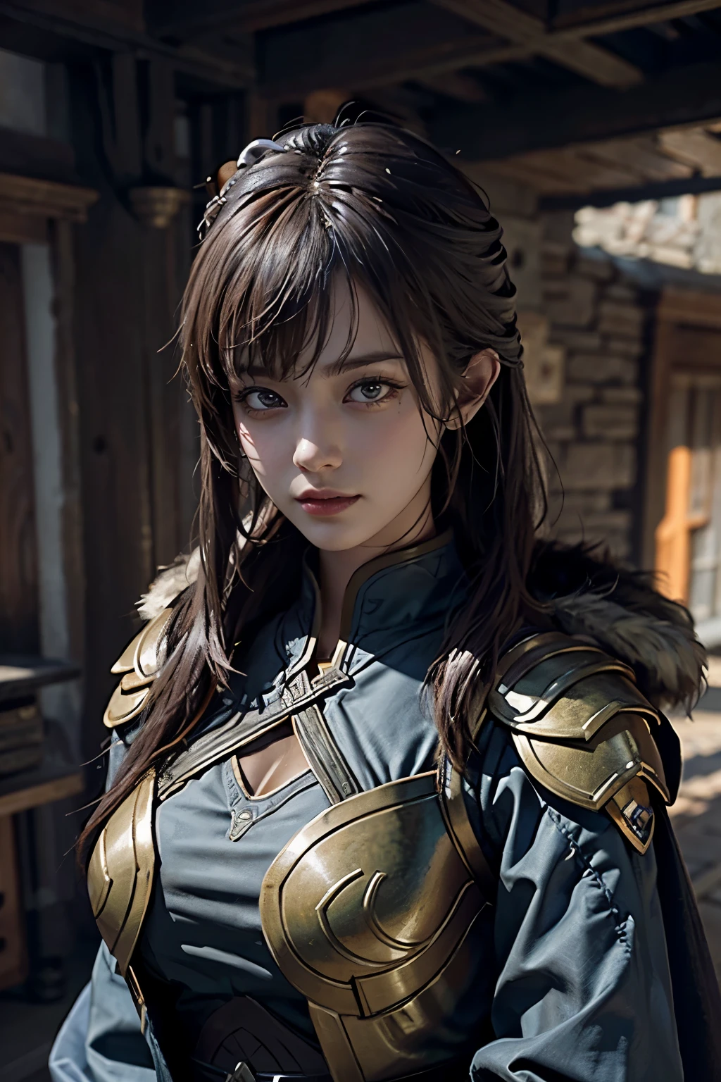 Game art，The best picture quality，Highest resolution，8K，(A bust photograph)，(Portrait)，(Head close-up)，(Rule of thirds)，Unreal Engine 5 rendering works， (The Girl of the Future)，(Female Warrior)， 
20岁少女，((Hunter))，An eye rich in detail，(Big breasts)，优雅高贵，冷漠，勇敢的，
（Medieval-style fur combat clothing，Glowing magic lines，Animal skin clothing with rich details），Medieval Lady Knight，Medieval ranger，
拍照姿势，简单背景，Movie lights，Ray tracing，Game CG，((3D Unreal Engine))，oc渲染反射纹