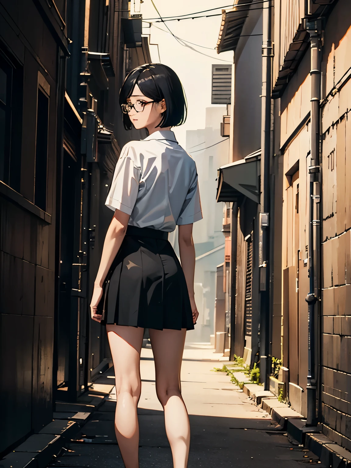 { masterpiece : best quality : detailed } { horror theme } { background = back alley at night : creepy : alone } { Character = Seolhyun : fit body : short bob hair : wearing glasses : white collat shirt : black skirt : black tie } { waking home  }