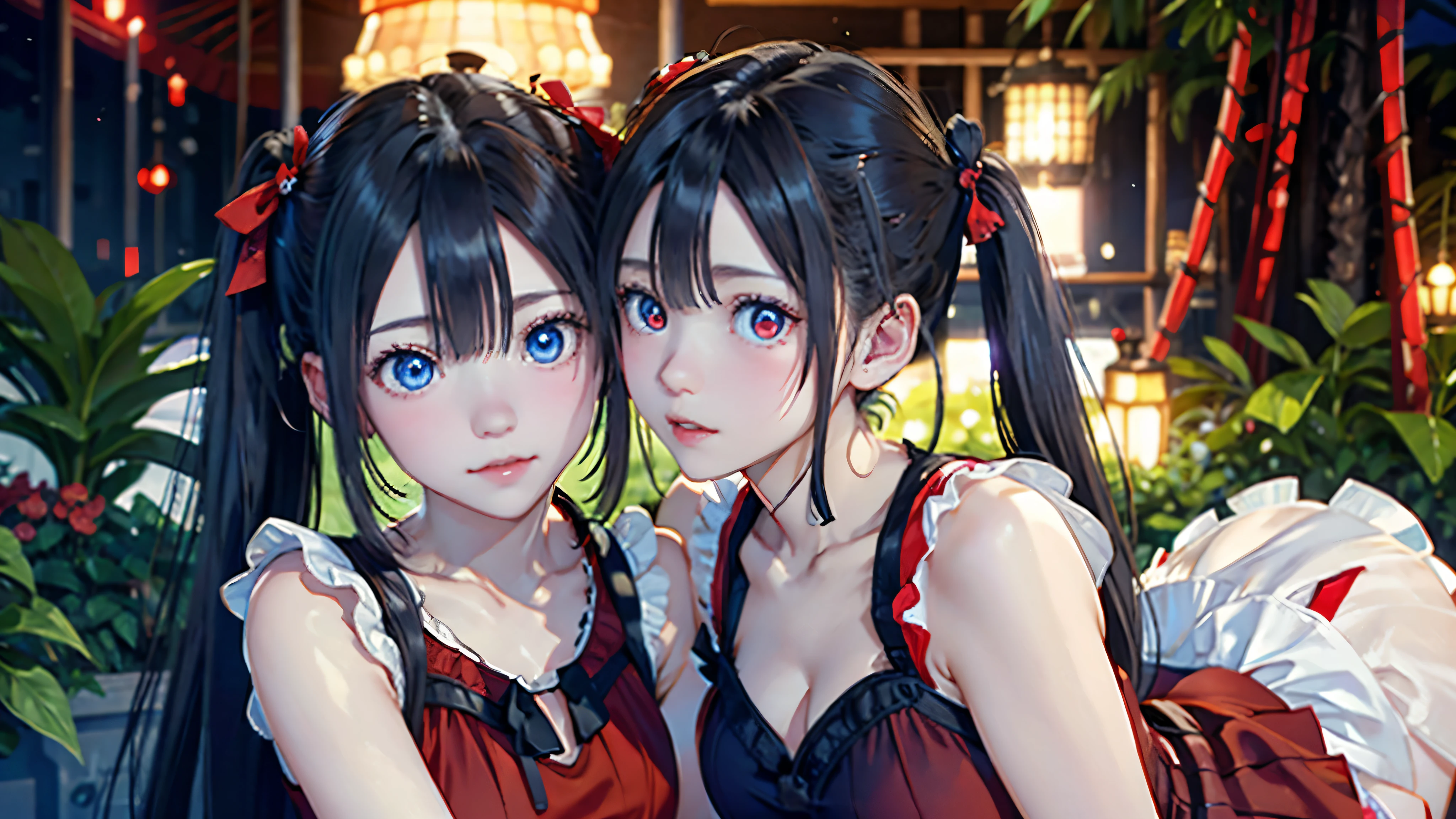 Portrait of beautiful twins, two beautiful girls, black pigtails, beautiful science fiction twins, twin tails, trending on cgstation, twin tails hairstyle, beautiful gemini, , trending on cgstation, wlop and sakimichan, Gwaites style artwork、(((red dress、red eyes)))、(((white dress、blue eyes))),(((hug)))、red eyes、blue eyes