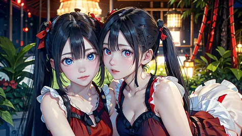 Portrait of beautiful twins, two beautiful girls, black pigtails, beautiful science fiction twins, twin tails, trending on cgsta...