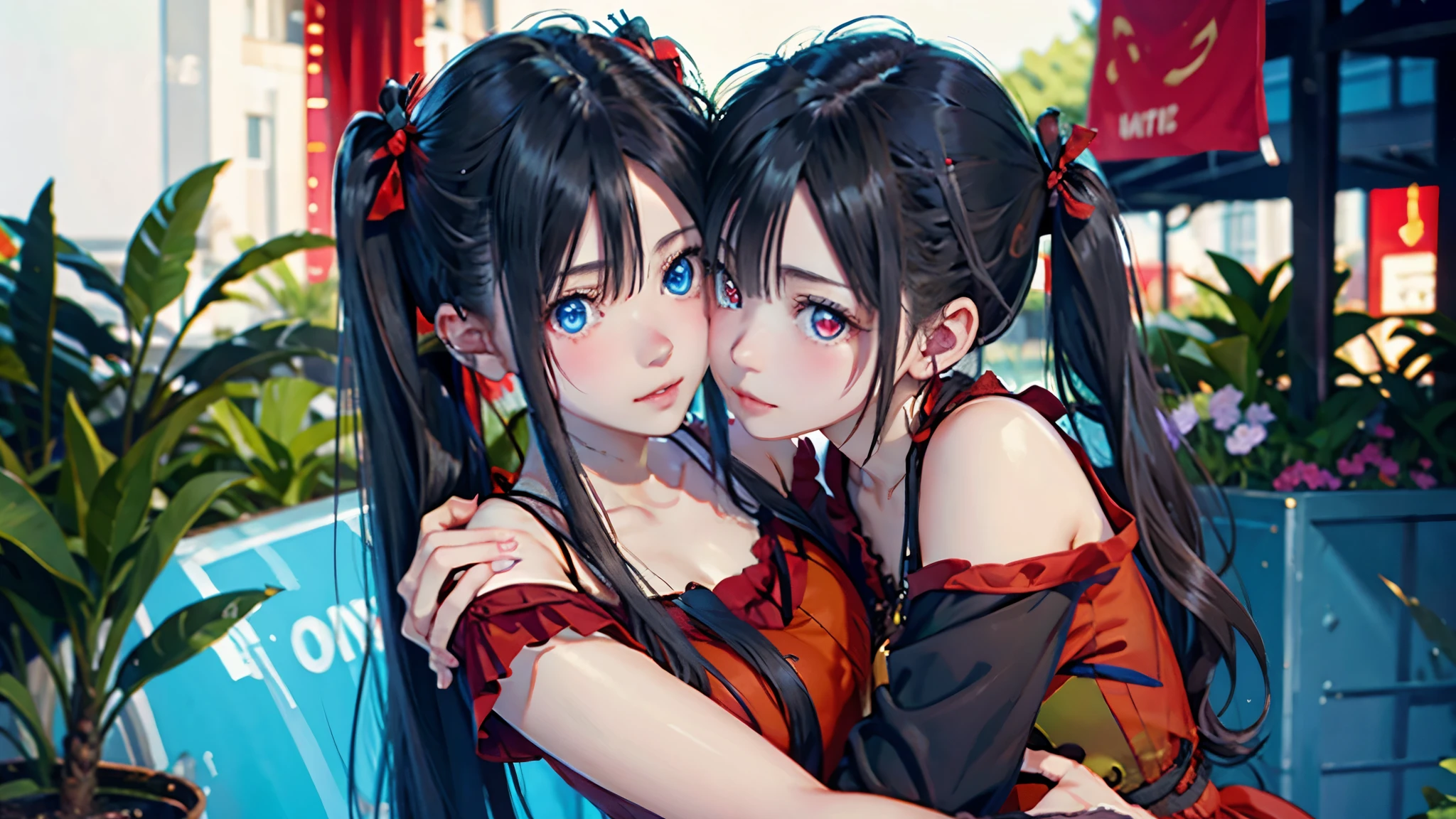 beautiful twins portrait, two beautiful girls, black pigtails, beautiful science fiction twins, twin tails, trending on cgstation, twin tails hairstyle, beautiful gemini, , Trending on cgstation, wlop and sakimichan, Gwaites style artwork、(((red dress、red eyes)))、(((white dress、blue eyes))),(((hug)))、red eyes、blue eyes
