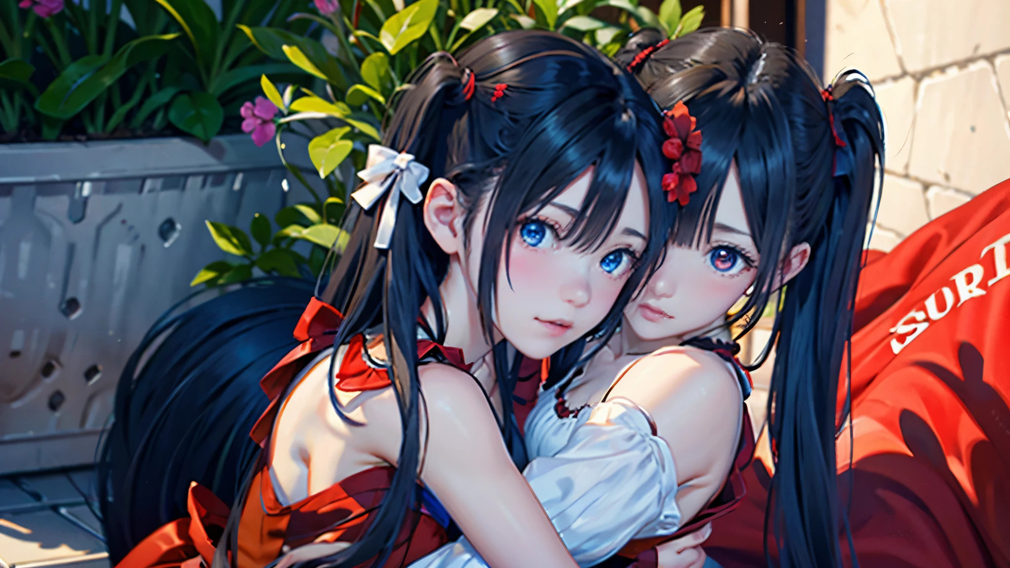 beautiful twins portrait, two beautiful girls, black pigtails, beautiful science fiction twins, twin tails, trending on cgstation, twin tails hairstyle, beautiful gemini, , Trending on cgstation, wlop and sakimichan, Gwaites style artwork、(((red dress、red eyes)))、(((white dress、blue eyes))),(((hug)))、red eyes、blue eyes